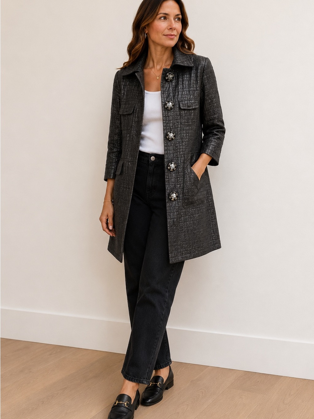 Vertigo Textured Metallic Charcoal Gray Swing Coat 3/4 Sleeves Belt - XS